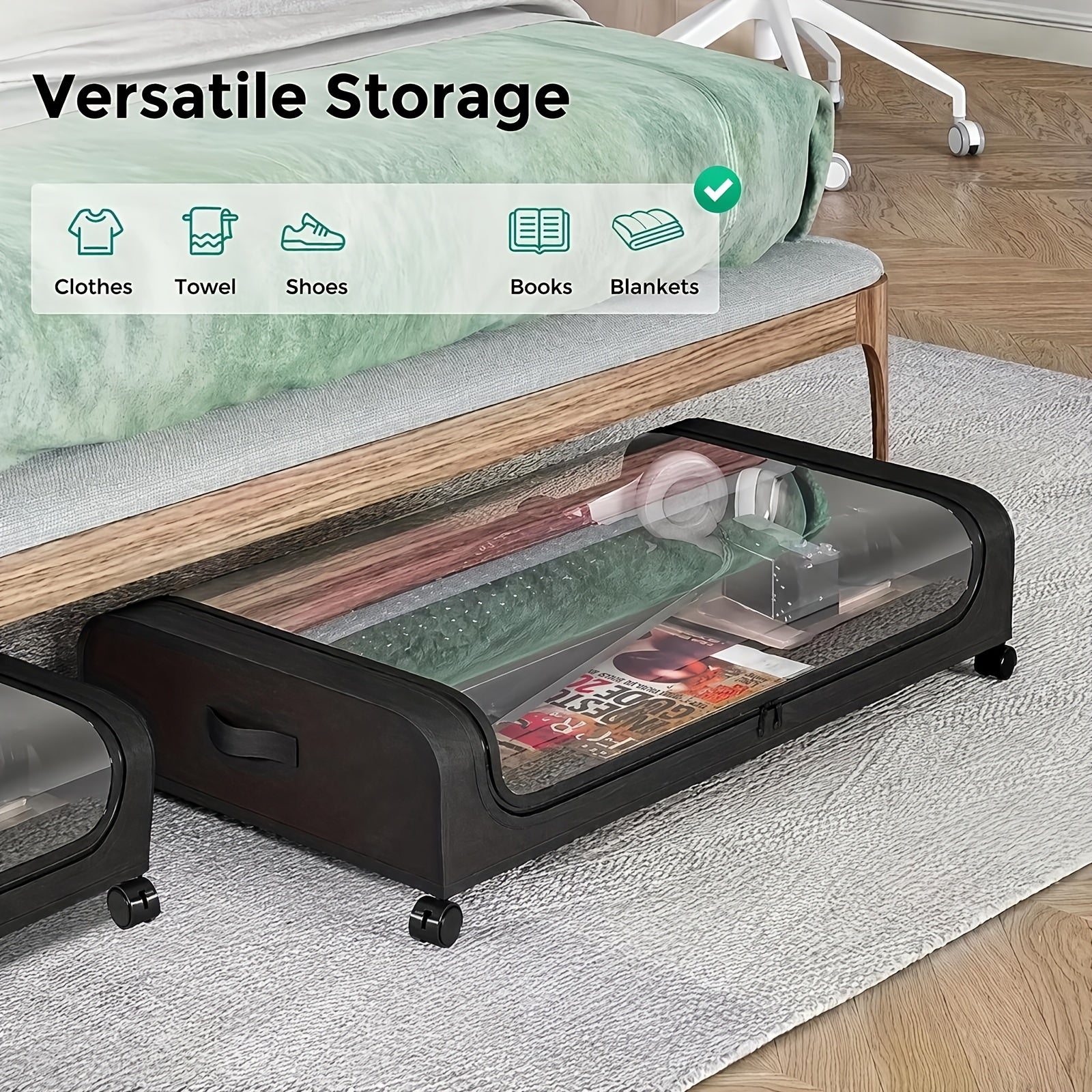 Caja de Almacenamiento Debajo de la Cama con Ruedas - Contenedor Organizador a Prueba de Polvo de Gran Capacidad, Adecuado para Edredones, Ropa, Juguetes y Diversos Artículos, con Ruedas para un Fácil Acceso, Asa Plegable para un Fácil Transporte, Solució