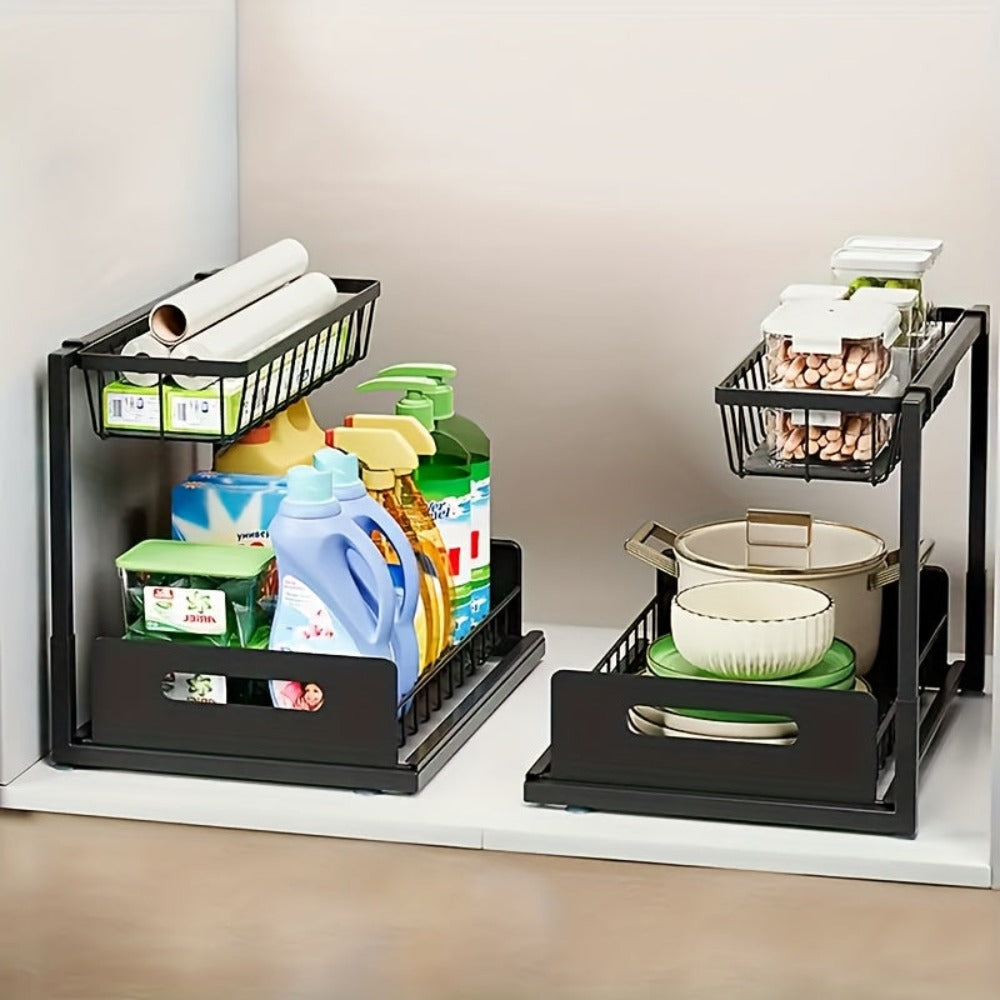 Organizador de Doble Capa para Debajo del Fregadero - Estante de Almacenamiento Extraíble de Plástico Resistente, Diseño Impermeable y Antioxidante que Ahorra Espacio, Adecuado para Cocina, Baño, Despensa, Lavandería - Fácil de Instalar