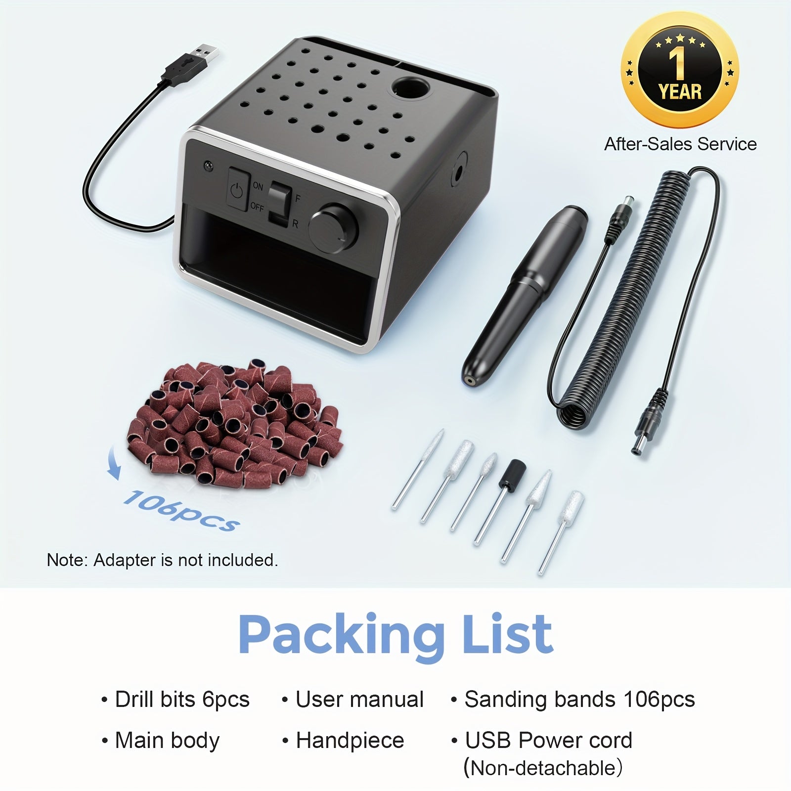 Máquina de Uñas Portátil para el Hogar, Host Alimentado por USB hasta 20,000 RPM + 6 Tipos de Brocas + Juego de 106 Anillos de Hilo, Diseño Ligero Más Conveniente para Llevar, ¡Abre el Salón de Uñas en Cualquier Momento, en Cualquier Lugar!