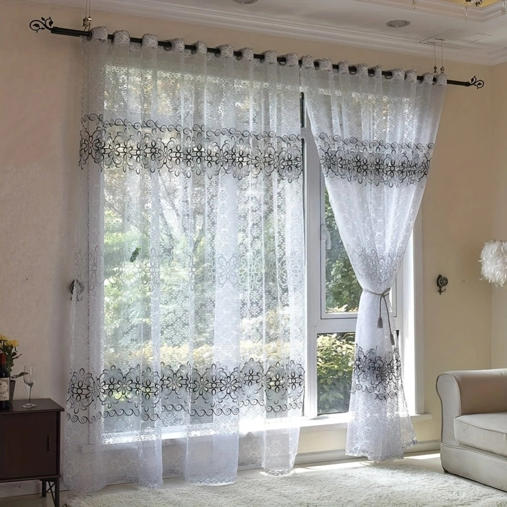 2pcs Cortinas Florales Elegantes con Ojales en la Parte Superior - Poliéster Semi-Transparente, Lavables a Máquina para Sala de Estar, Dormitorio, Decoración de Oficina