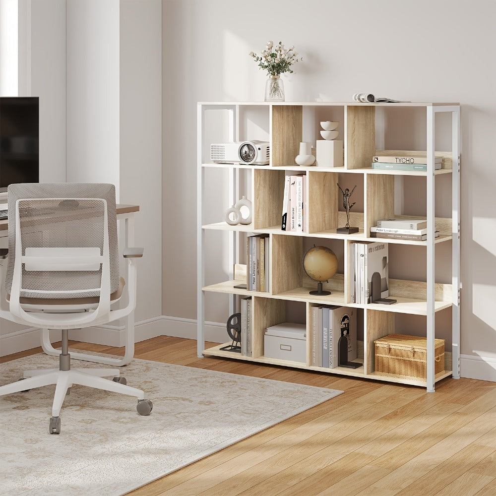 Estantería de Oficina, Estante de Almacenamiento, Estante de 4 Niveles, Estantería de 14 Compartimentos, Adecuada para Oficinas, Estudios y Salas de Estar, 120x30x120 cm, Color Madera Quemada/Veta de Madera Clara + Blanco