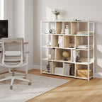Estantería de Oficina, Estante de Almacenamiento, Estante de 4 Niveles, Estantería de 14 Compartimentos, Adecuada para Oficinas, Estudios y Salas de Estar, 120x30x120 cm, Color Madera Quemada/Veta de Madera Clara + Blanco