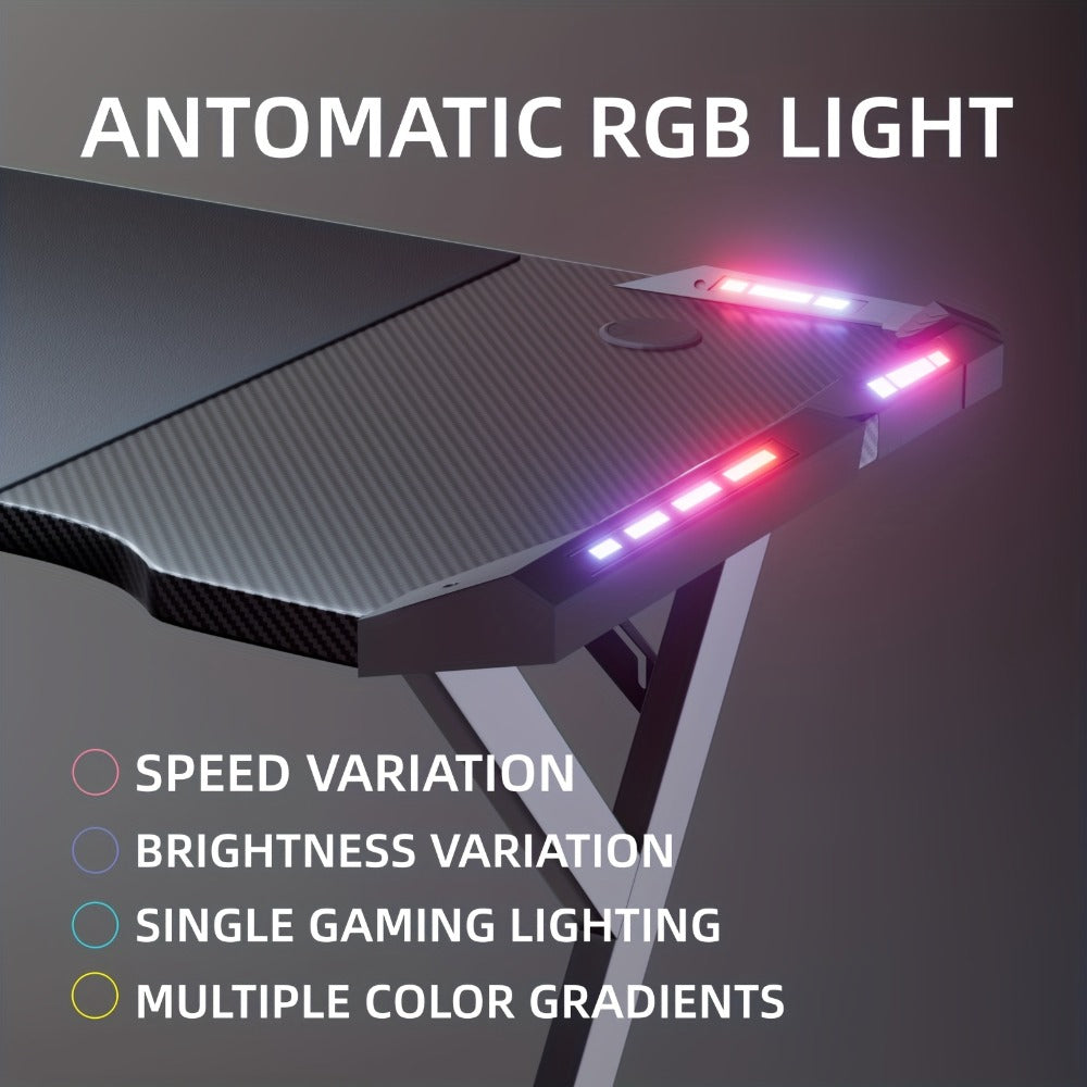 Escritorio gaming resistente en forma de Y con luces LED RGB duales, mesa de ordenador con portavasos y gancho para auriculares, superficie ergonómica de fibra de carbono, mesa para gamers para oficina en casa, dormitorio, negro