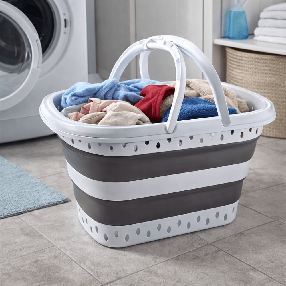Cesto de lavandería retráctil y plegable con asas - 45 litros - Blanco Gris