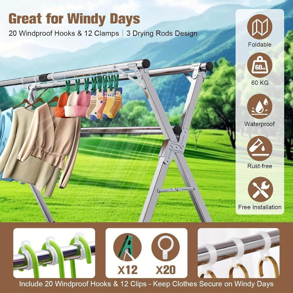Tendedero plegable de 199.9 cm para interior y exterior - Tendederos de acero inoxidable plegables para ropa de lavandería - Tendedero plegable de alta resistencia, tendedero portátil de alta resistencia grande, plateado, soporte de lavandería independien