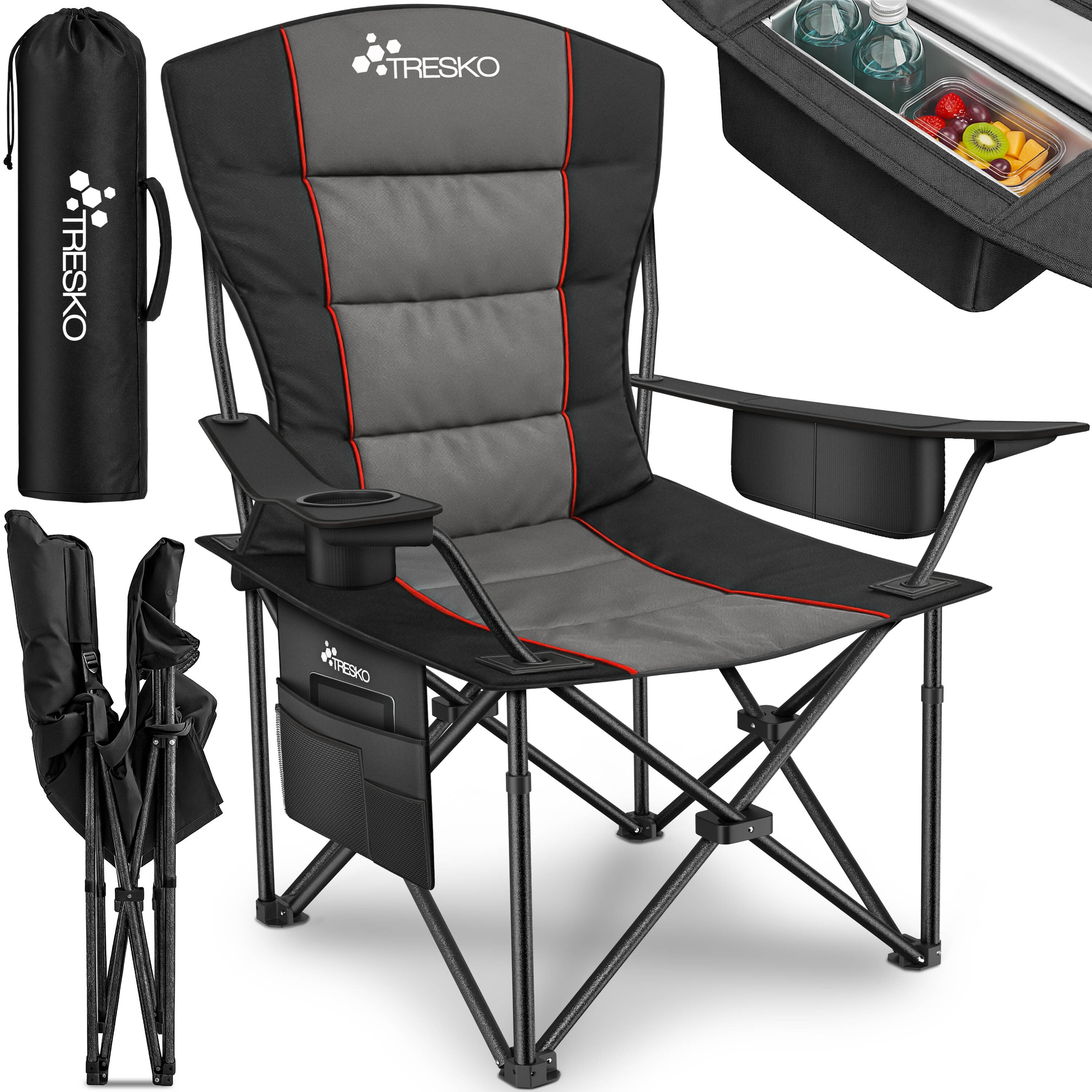TRESKO® Silla de Camping Plegable hasta 200Kg | Silla Plegable con Bolsa Nevera, Portavasos y Bolsillo Lateral | Silla XXL Plegable Incluye Bolsa de Transporte | Silla de Pesca Acolchada para Exterior, Pesca, Festival y Jardín