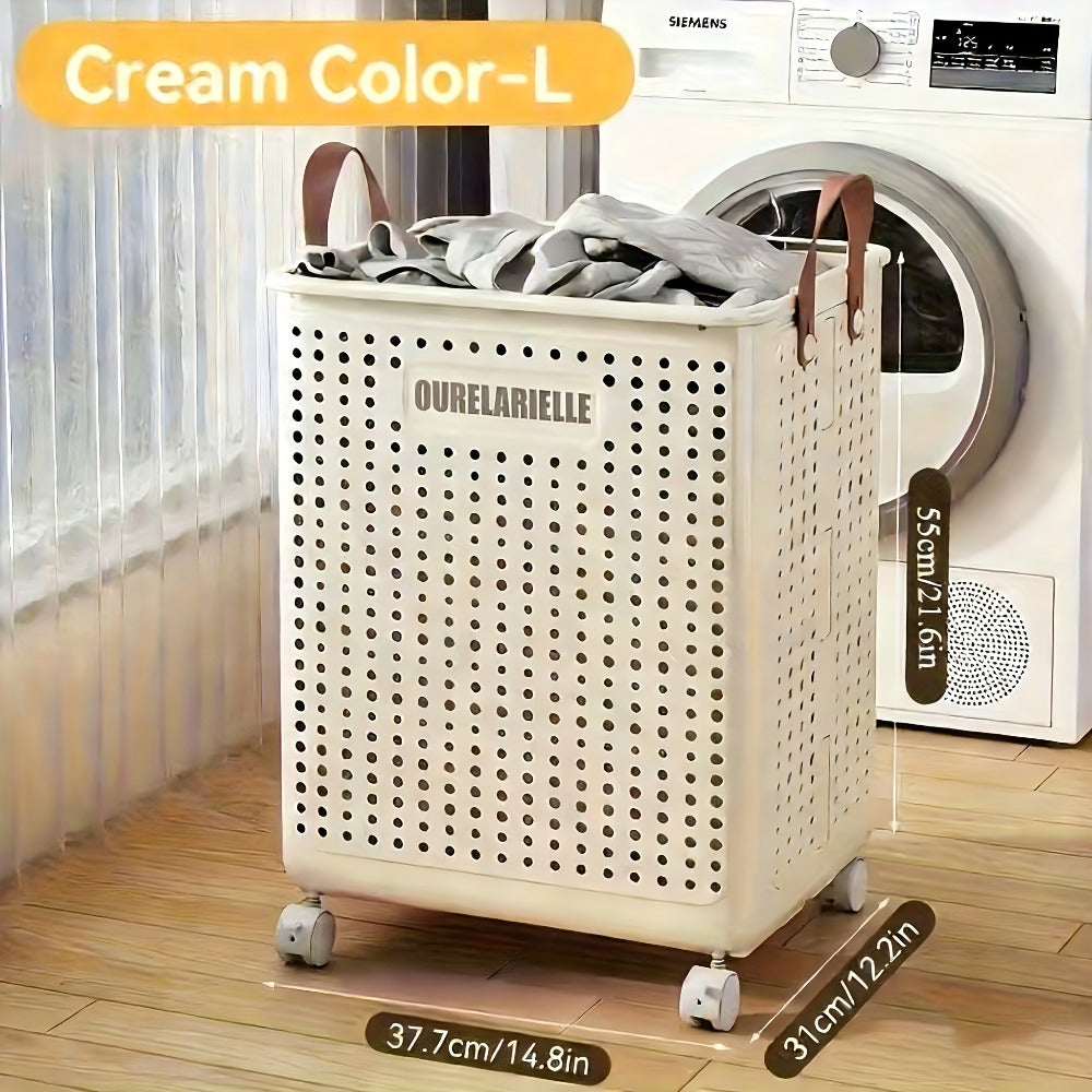 Cesta de Ropa Grande Plegable con Ruedas, Cuero Sintético Color Sólido, Versátil y Portátil para Almacenamiento en Baño y Balcón, 15.8/205GaA, Varios Tamaños Disponibles, Bolsa de Ropa para Lavandería, Cestas de Ropa