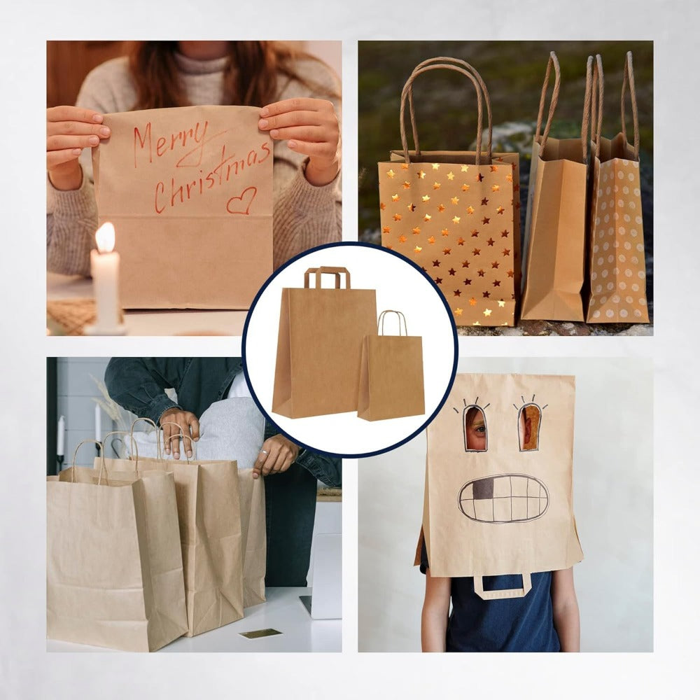10/25/100 Uds Bolsas de Papel Marrón con Asa Rígida Bolsas Kraft para Comercio Regalos Navidad y Manualidades DIY