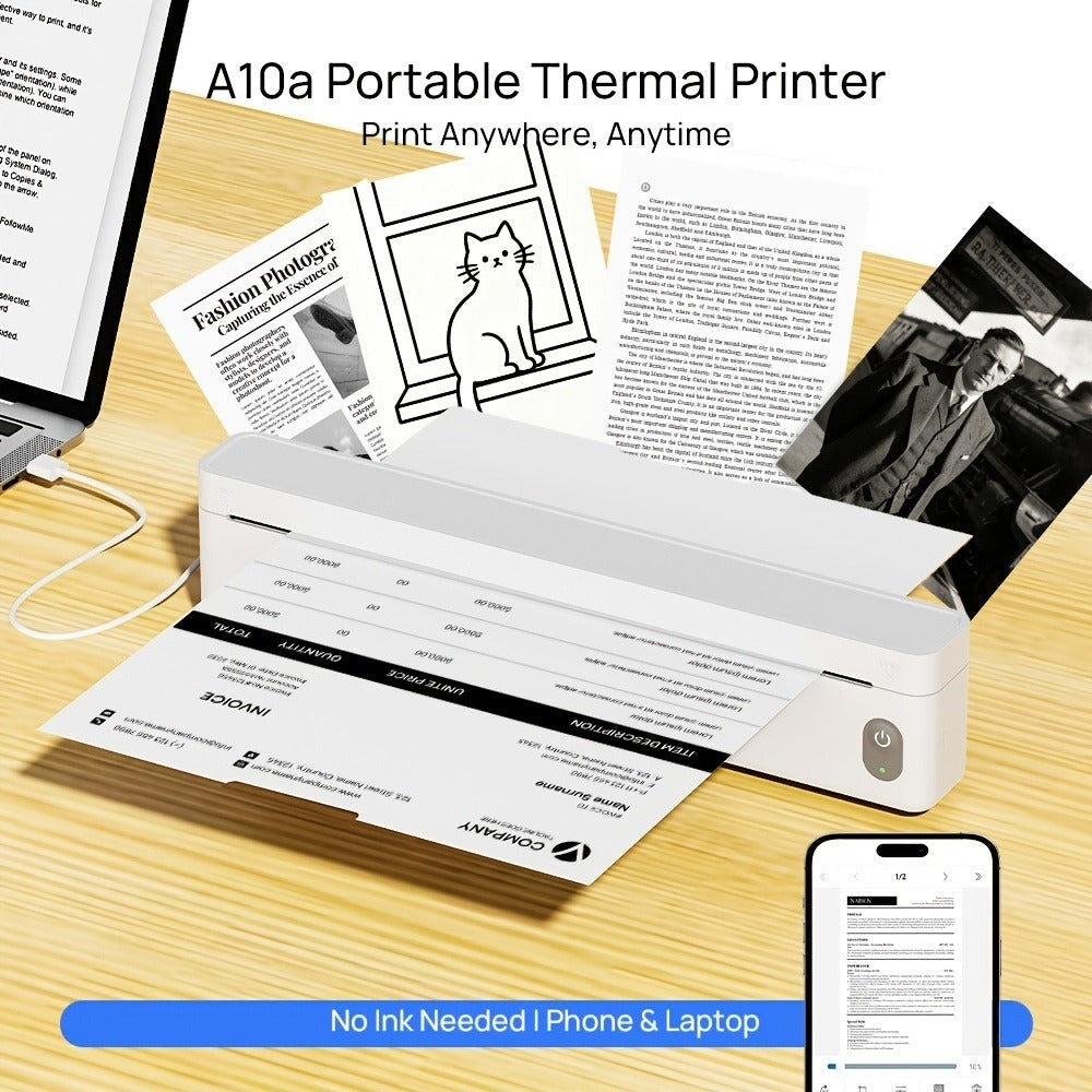 Impresora Térmica Inalámbrica A10A, Batería de 1800Mah, Impresora Móvil Compacta para Viajes, Oficina, Hogar, Incluye 10 Hojas de Papel Térmico. Compatible con Smartphones y Computadoras