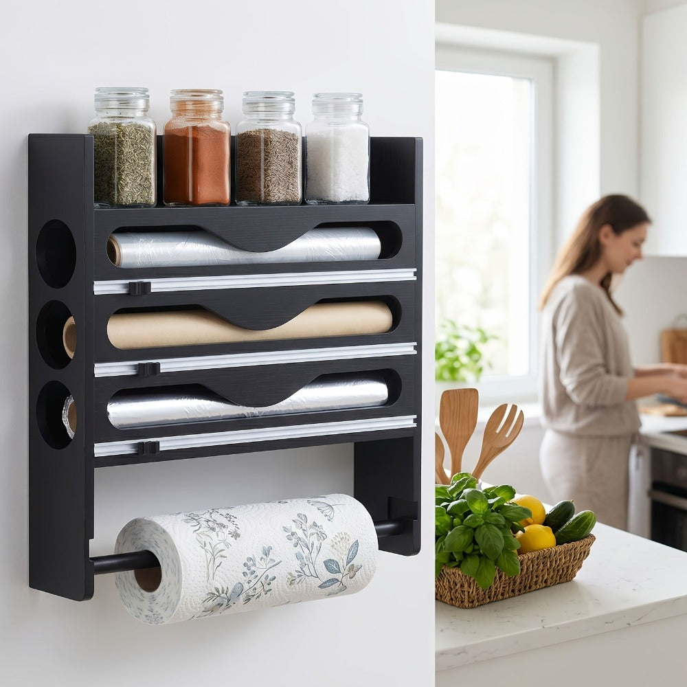 Dispensador de Papel Aluminio con Cortador, Reutilizable, Ahorra Espacio, Ideal para Almacenamiento en Cocina, Adecuado para Bolsas de Plástico, Film Transparente y Papel Aluminio, Montaje en Pared