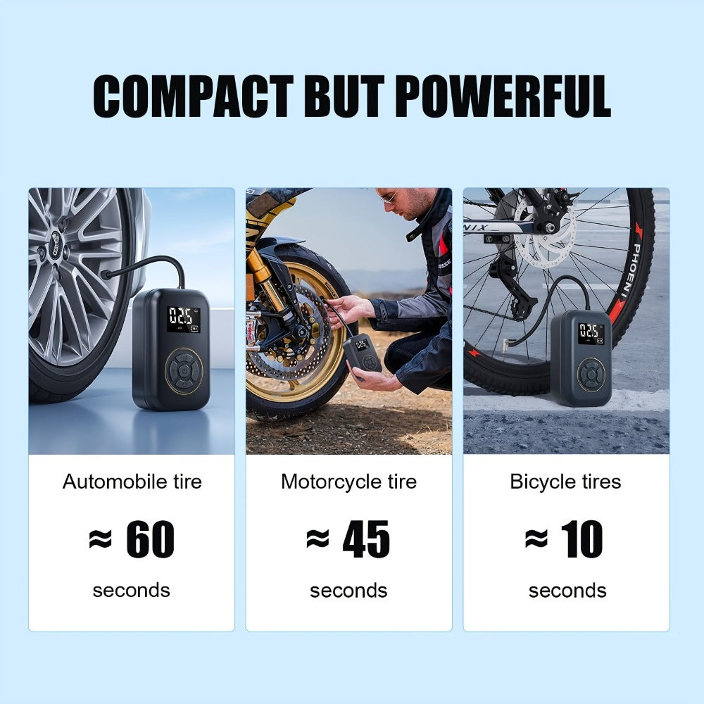 Inflador de neumáticos portátil inalámbrico de 120 vatios con pantalla digital para coche, compresor de aire para motocicleta, inflador de neumáticos inalámbrico portátil para coche con luz LED y adaptador de boquilla