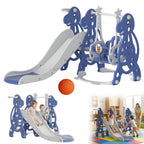 Tobogán infantil 4 en 1, tobogán con columpio y canasta de baloncesto, longitud del tobogán 145 cm, parque infantil multifuncional, para uso en interiores y exteriores, con peldaños y soportes extra anchos