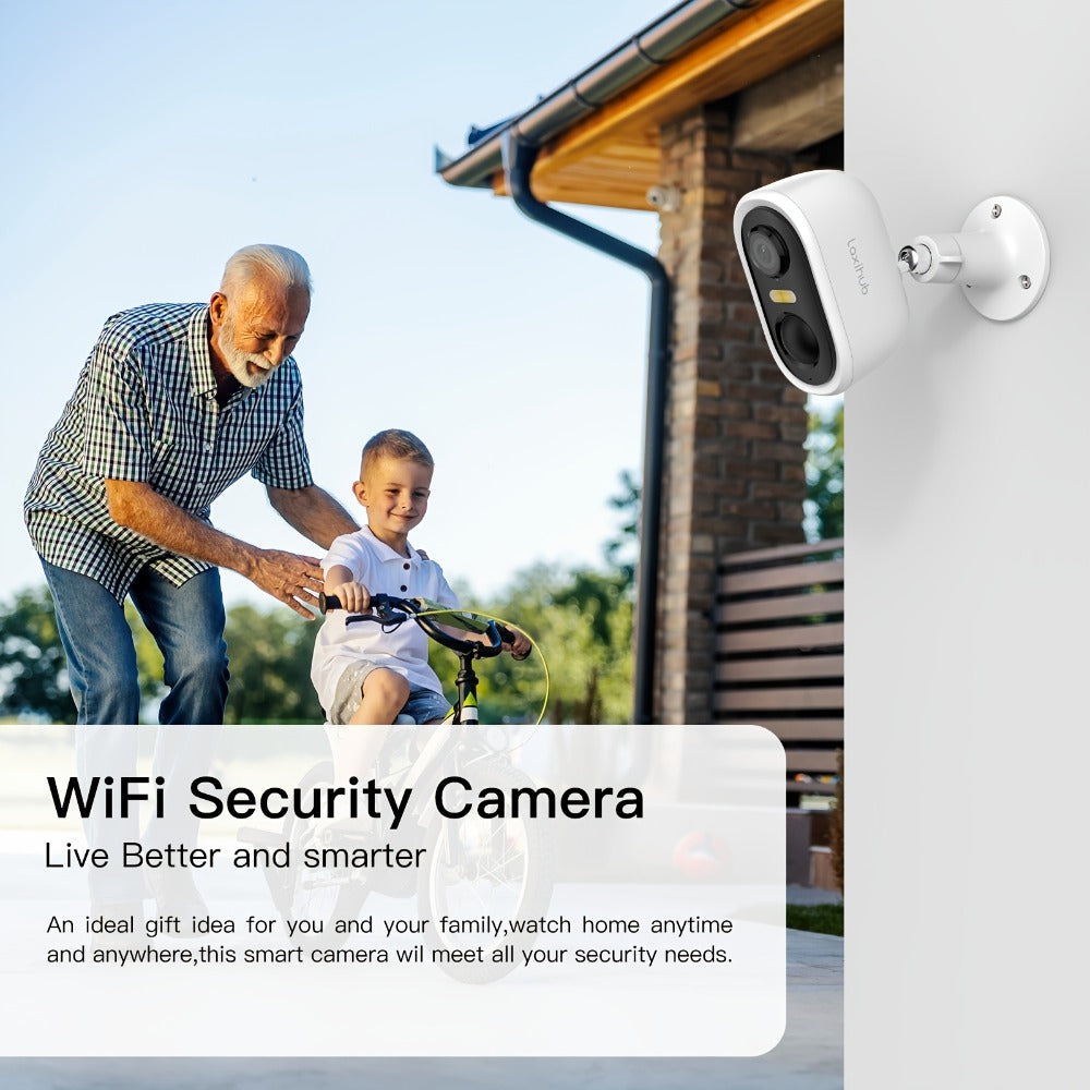 2 piezas Cámara de seguridad exterior LaxiHub, resolución 1296P, cámara CCTV con batería de 5200mAh para seguridad del hogar, almacenamiento en la nube/SD (hasta 256G), detección de movimiento con IA, foco, visión nocturna en color, audio bidireccional, d