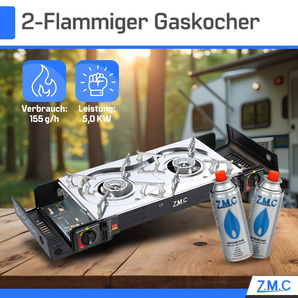 Estufa de Gas para Camping ZMC de 2 Quemadores con Adaptador LPG y Estuche de Almacenamiento – Estufa de Gas Doble con Potencia de 2.5 kW, Encendido Piezoeléctrico, Compatible con Cilindros de Gas Butano de 227g y Botellas de Gas LPG – Estufa de Gas Portá