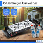 Estufa de Gas para Camping ZMC de 2 Quemadores con Adaptador LPG y Estuche de Almacenamiento – Estufa de Gas Doble con Potencia de 2.5 kW, Encendido Piezoeléctrico, Compatible con Cilindros de Gas Butano de 227g y Botellas de Gas LPG – Estufa de Gas Portá