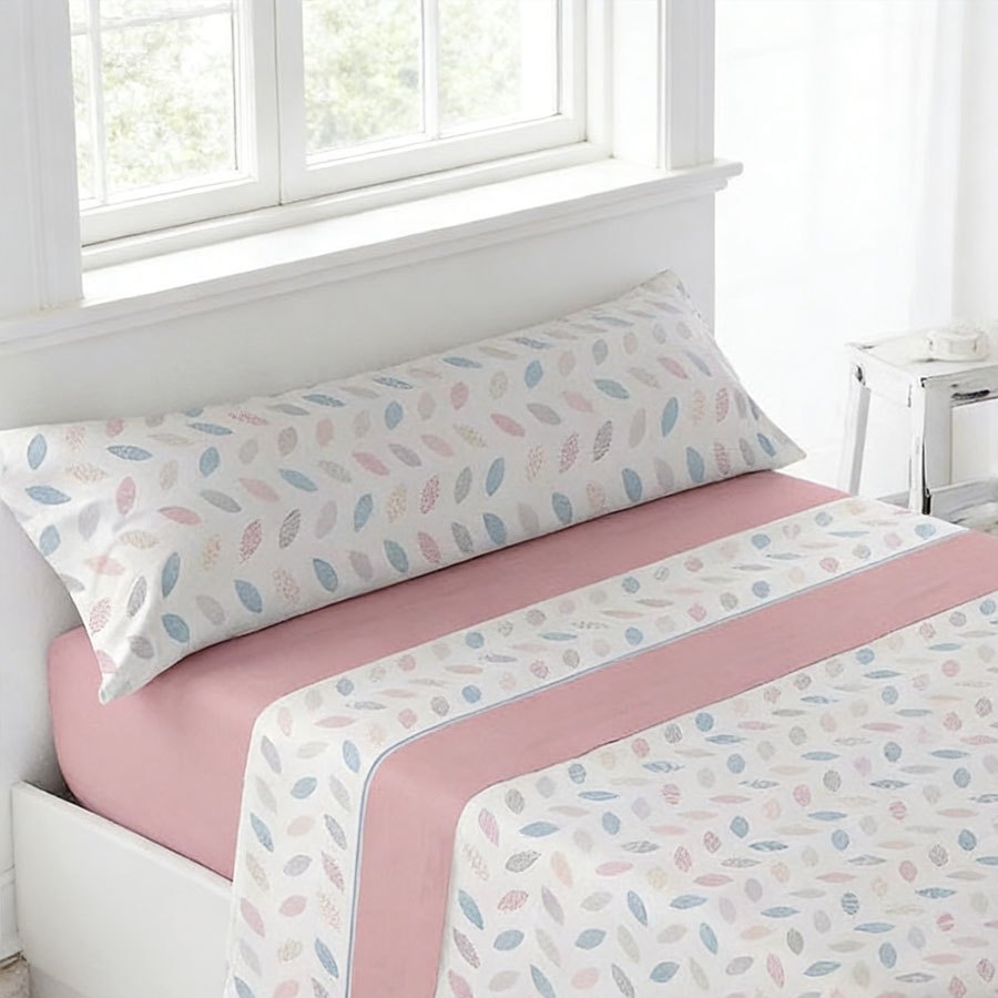Juego de cama de 3 piezas con estampado de verano | Sábana bajera, colcha, funda de almohada | Estampado sencillo de hojas coloridas | Tela suave | 90 cm - Varios tamaños disponibles - Rosa