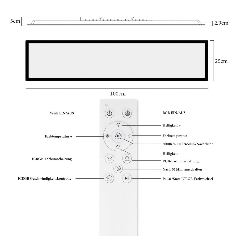 Panel LED Comercial 100X25Cm Regulable – Panel de Techo Largo RGB que Cambia de Color, Luz de Techo Plana para Oficina con Control Remoto, Lámpara de Techo Negra Rectangular Grande para Sala de Juegos, Sala de Estar, Oficina