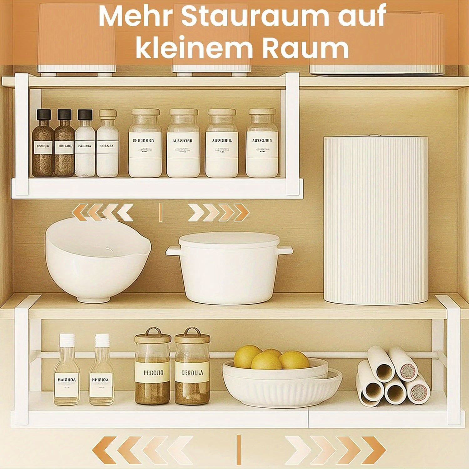 Estante de almacenamiento ajustable para colocar debajo del mueble, organizador de cocina expandible de 45 a 63 cm, estante colgante de metal para especias, frascos, cuencos, organizador que ahorra espacio para cocina, despensa o baño, estantes multiusos