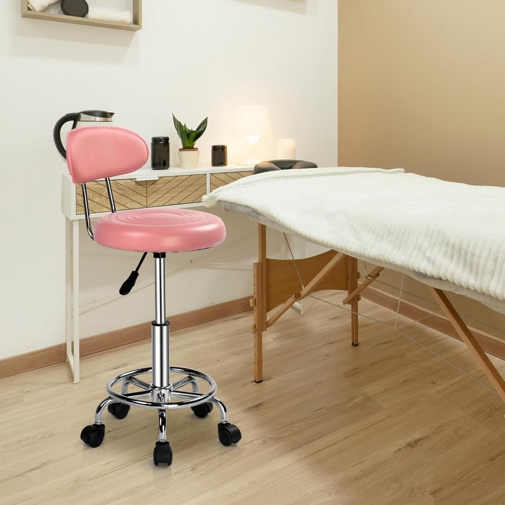 Bonnlo Taburete Giratorio Profesional con Respaldo, Taburete de Oficina Giratorio 360 Grados con Altura Ajustable de 48-58 Cm, Cubierta de PU, para Salón de Masajes, Manicura y Oficina (Blanco)