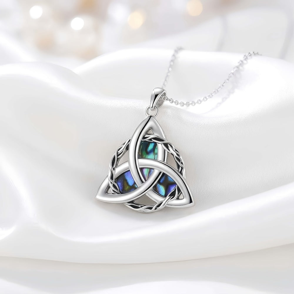 Collar de plata de ley 925 con nudo celta triquetra y concha de abulón, colgante irlandés de la suerte retro, joyería elegante de uso diario para mujer, accesorio de moda clásico
