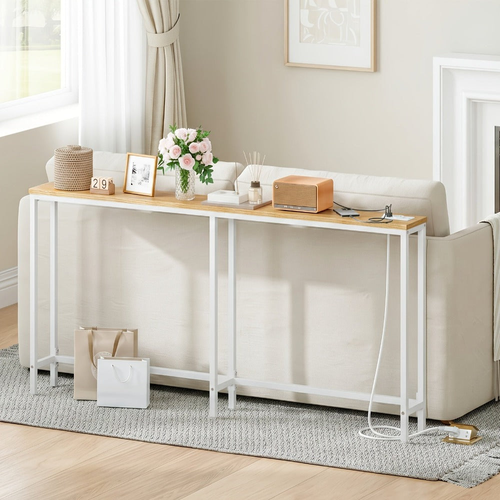 Mesa Estrecha de Consola con Regleta, Mesa de Consola con Estación de Carga, Mesa Estrecha para Sofá, Mesa de Consola Detrás del Sofá, Para Entrada, Pasillo, Marrón Rústico y Negro
