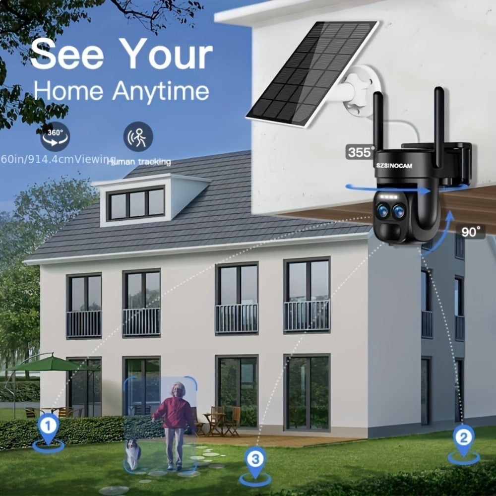 [Zoom 10x] Cámara de seguridad de exterior de 4MP con zoom automático de doble lente, más clara a distancia, cámara de alta definición 2K con panel solar, sistema de monitoreo PTZ de doble lente, foco deportivo WiFi 5G, visión nocturna en color, llamada b