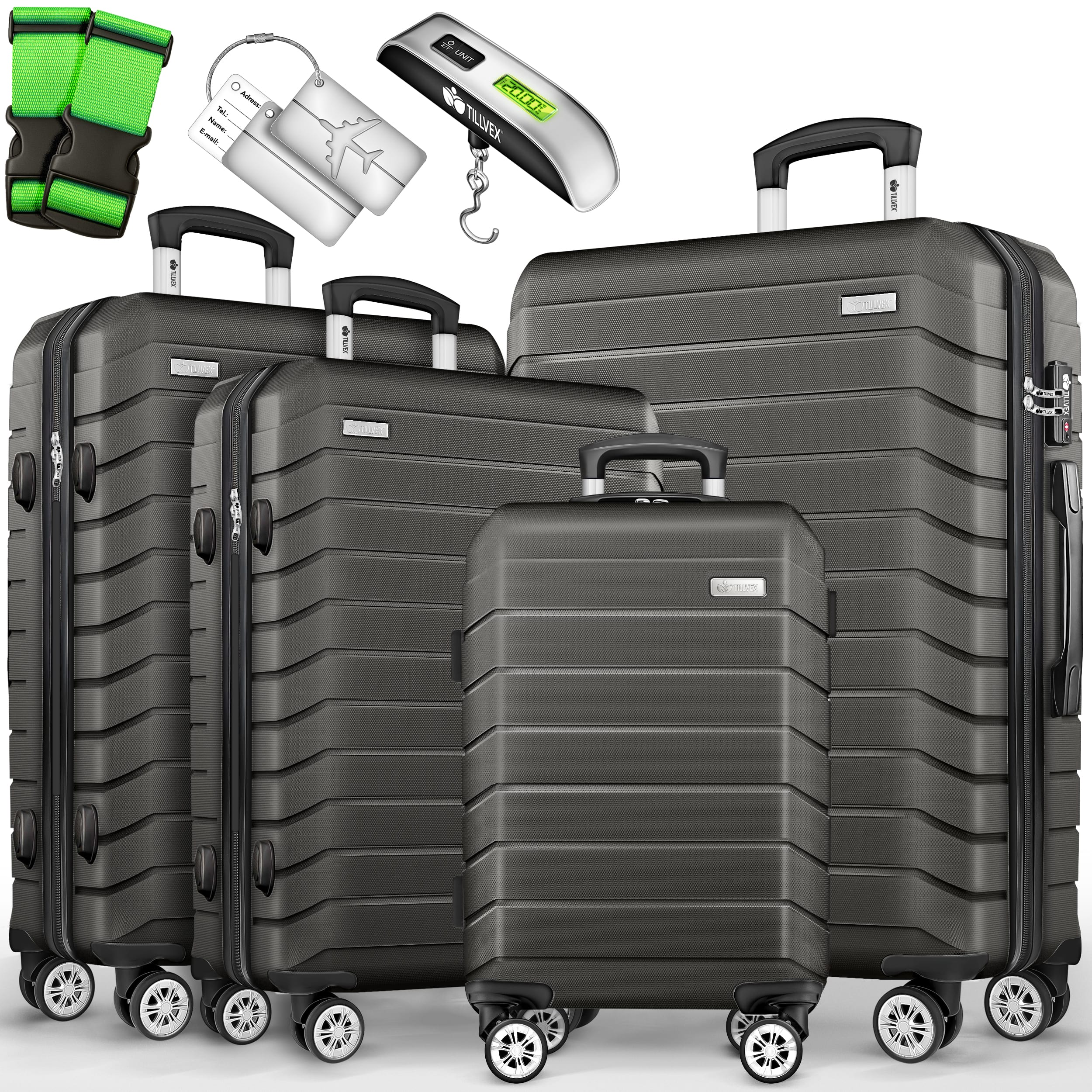 Tillvex® Juego de Equipaje de Viaje con Báscula, Correas y Etiquetas | Maleta de 4 Ruedas | Equipaje con Candado TSA | Juego de Maletas de Carcasa Dura