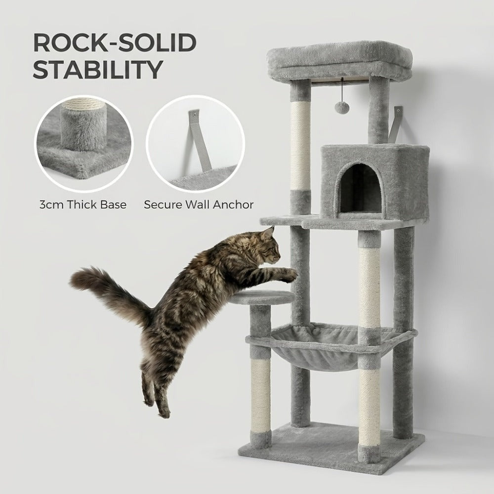 Árbol para Gatos de 143 cm de Altura, Torre Multinivel con Hamaca Extra Grande, Postes de Rascado Cubiertos de Sisal, Condominio Acogedor y Plataforma Superior