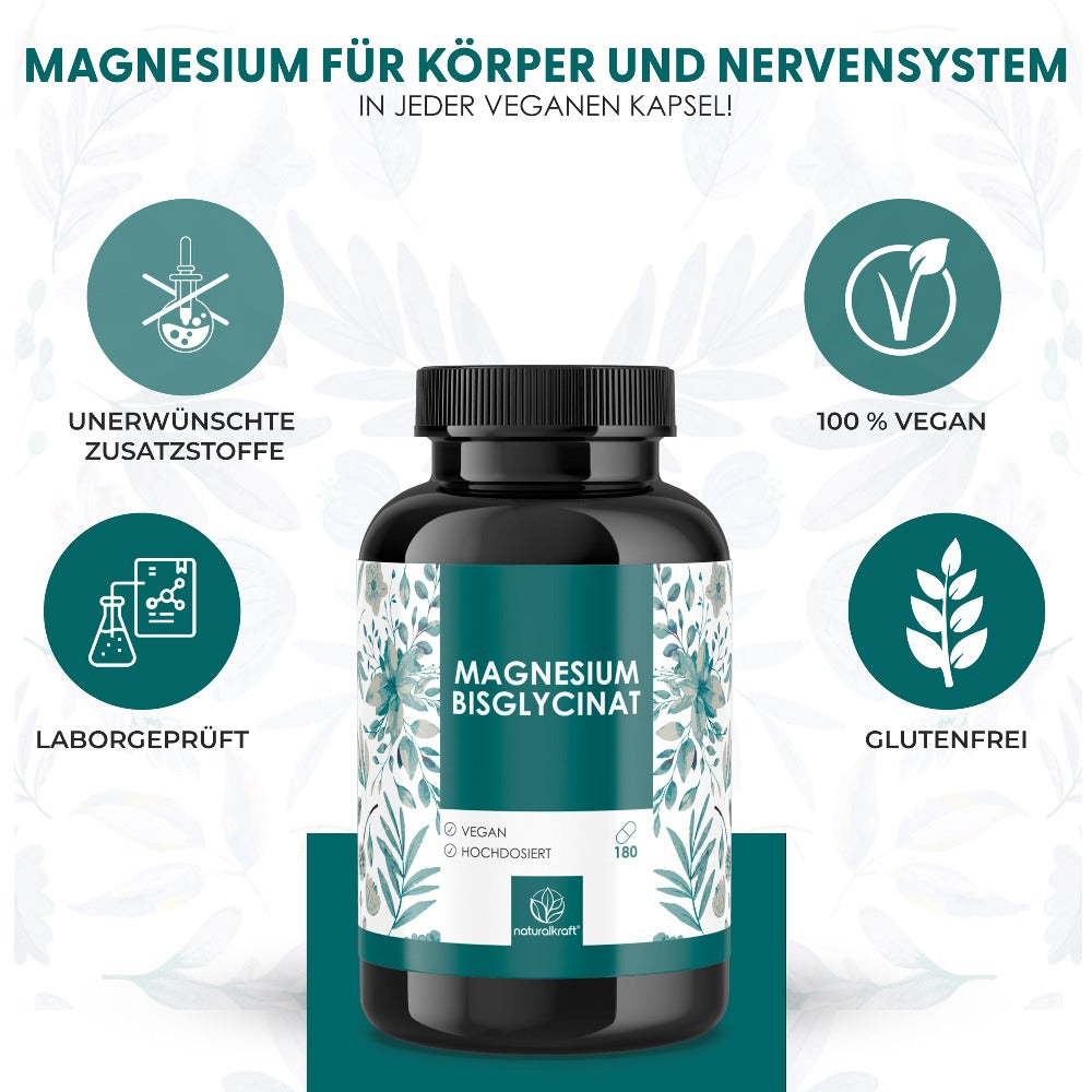 Cápsulas de Bisglicinato de Magnesio – 2400 mg de Bisglicinato de Magnesio por Dosis Diaria – 300 mg de Magnesio Elemental – 180 Cápsulas – Vegano