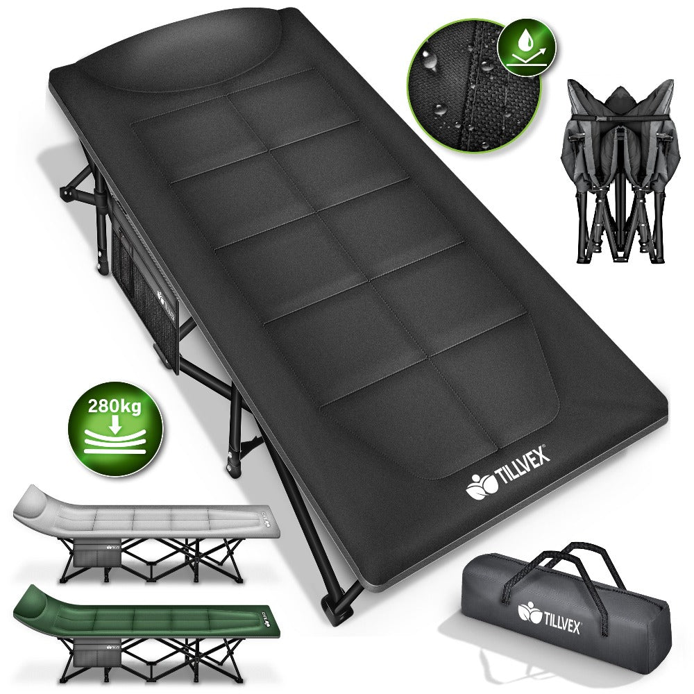 Tillvex® Cama Plegable para Camping con Bolsa de Transporte, Soporta Hasta 200 kg, Cama Extra Ancha para Camping, Cama de Campaña, Cama de Pesca para Uso en Exteriores e Interiores, Cama Plegable para Invitados, Portátil para Jardín, Camping, Pesca, Festi