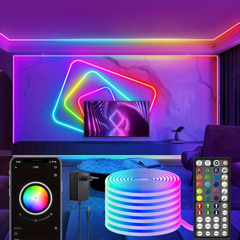 Tira de Luz LED RGB Neon de 30m/20m/15m/10m/5m con Sincronización Musical, Tira Flexible de 24V con Aplicación y Control Remoto, Tira de Luz Exterior IP"67", Ideal para Dormitorio, Habitación y Decoración Exterior