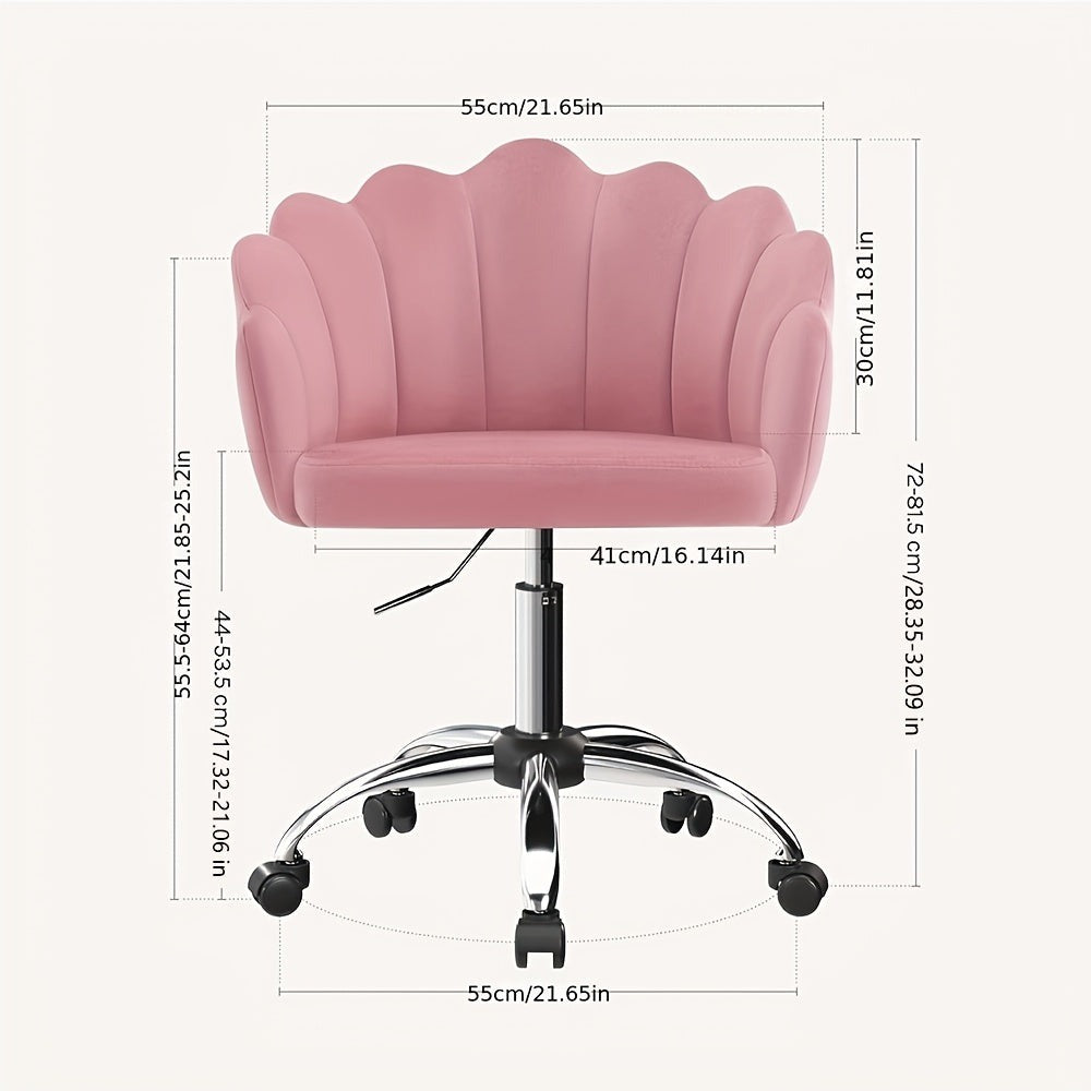 1 Silla de oficina para el hogar, Silla de escritorio, Silla de maquillaje, Silla de terciopelo con respaldo en forma de pétalo - Cómoda y hermosa, Silla giratoria con ruedas, Altura de silla ajustable, Base de metal, Fácil de montar