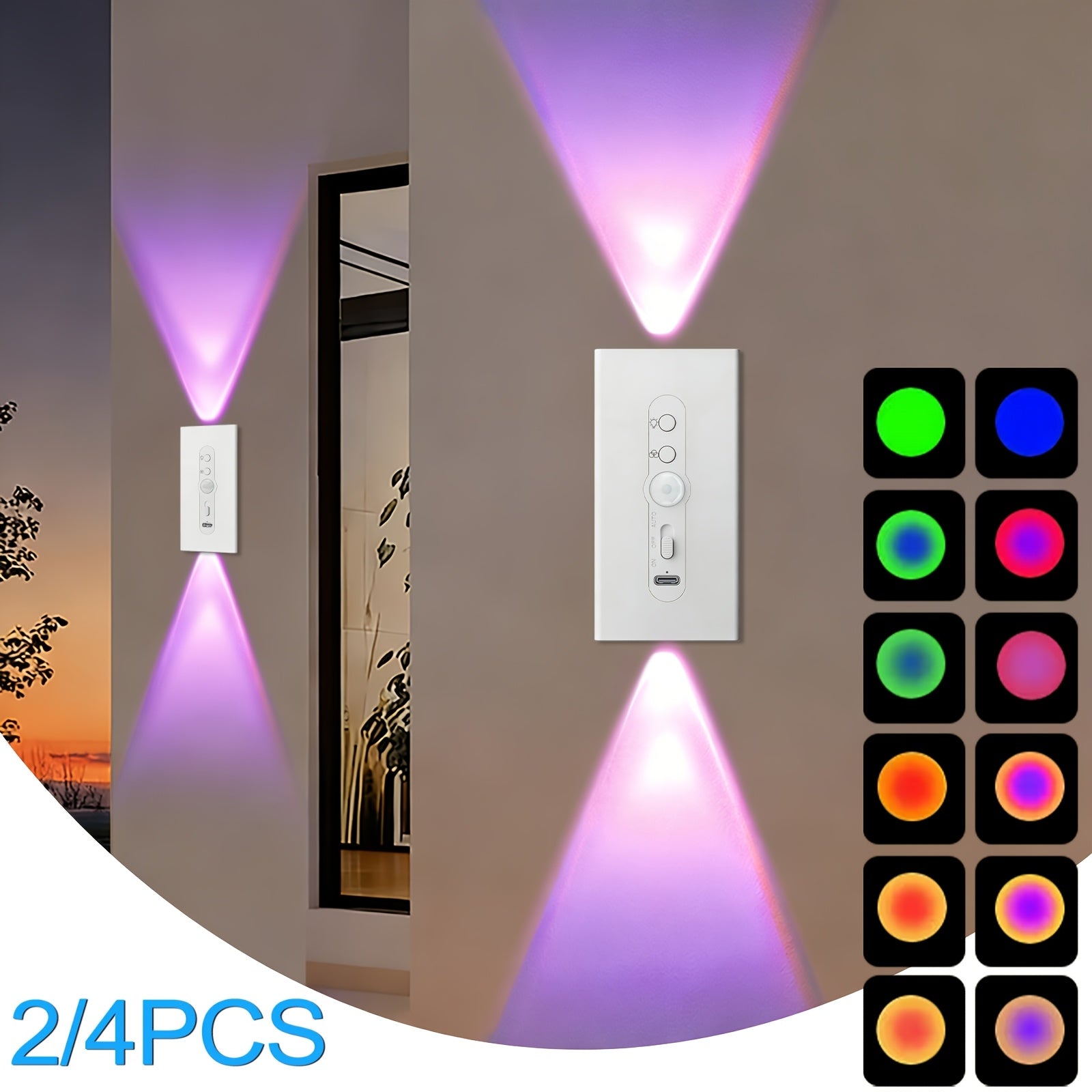 Luces nocturnas con sensor de movimiento para dormitorio baño pasillo y armario | 4 piezas y 7 Colores y Recargable