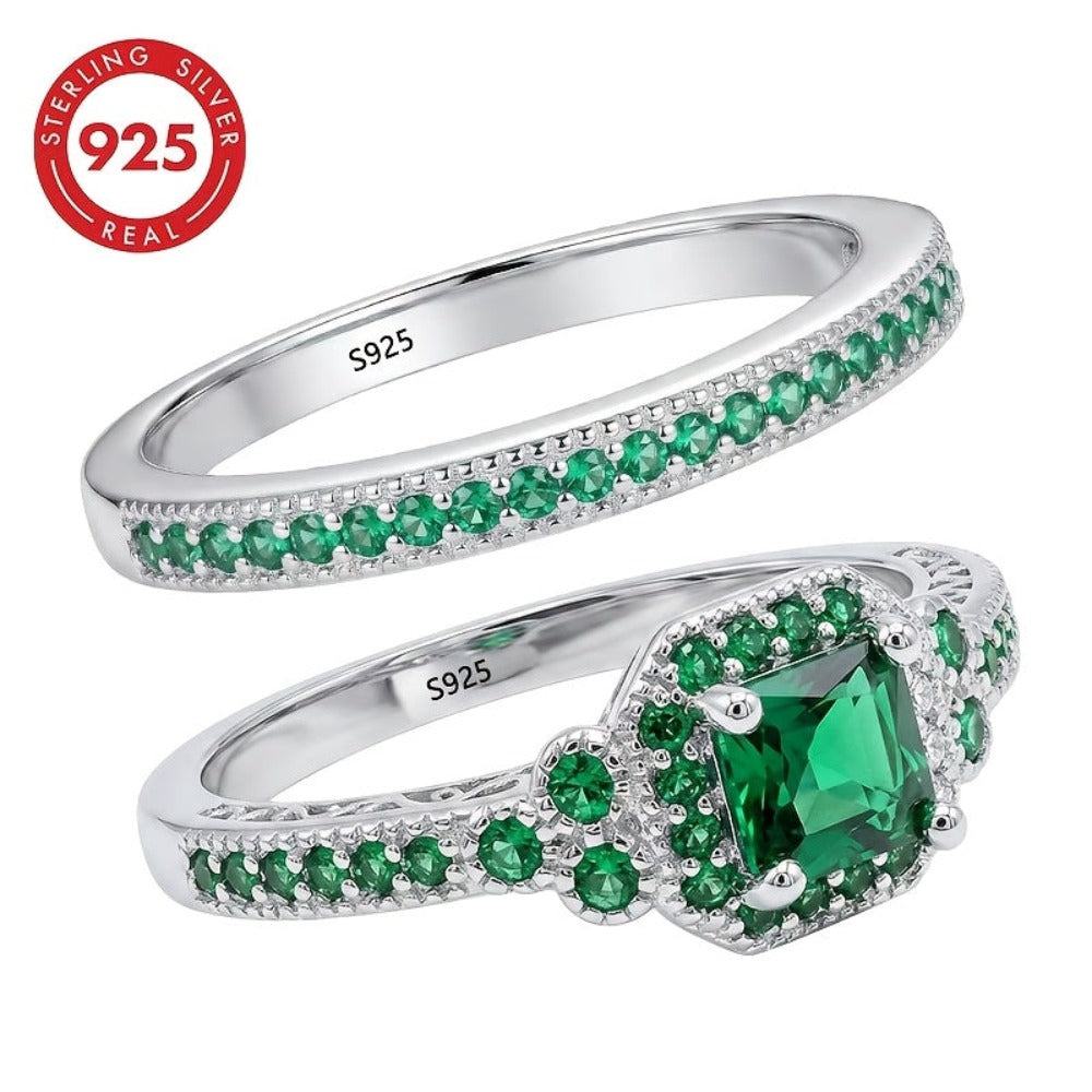 Anillo apilable de moda clásica para mujer PM:A25 de plata de ley 925, elegante y con estilo, con incrustaciones de circonita sintética verde, adecuado para uso diario, un regalo conmemorativo perfecto para las fiestas para familiares y amigos