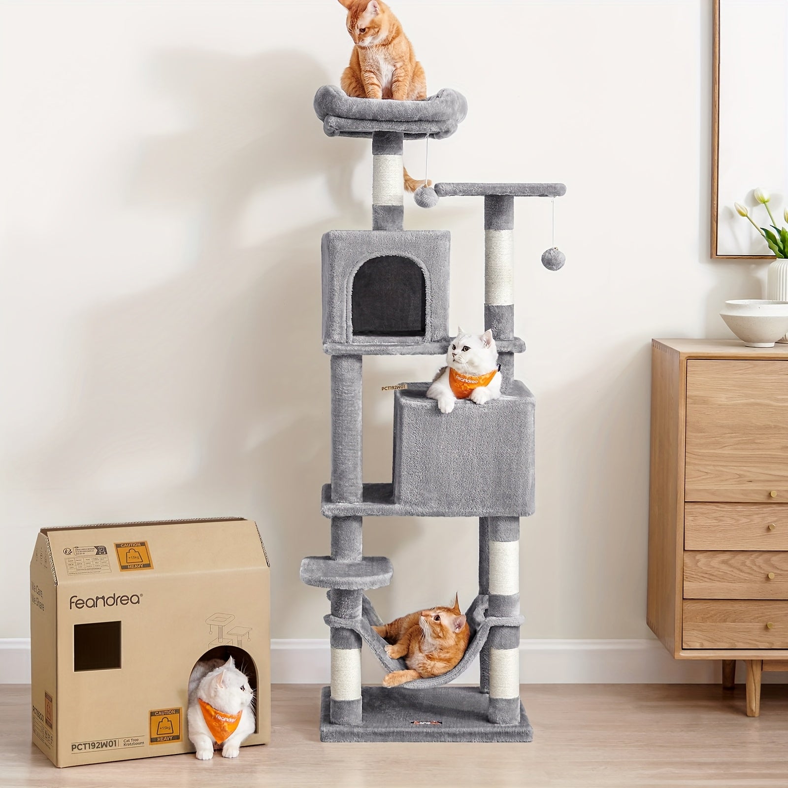 Torre rascadora para gatos 155 cm | Juego descanso y cuidado de las uñas