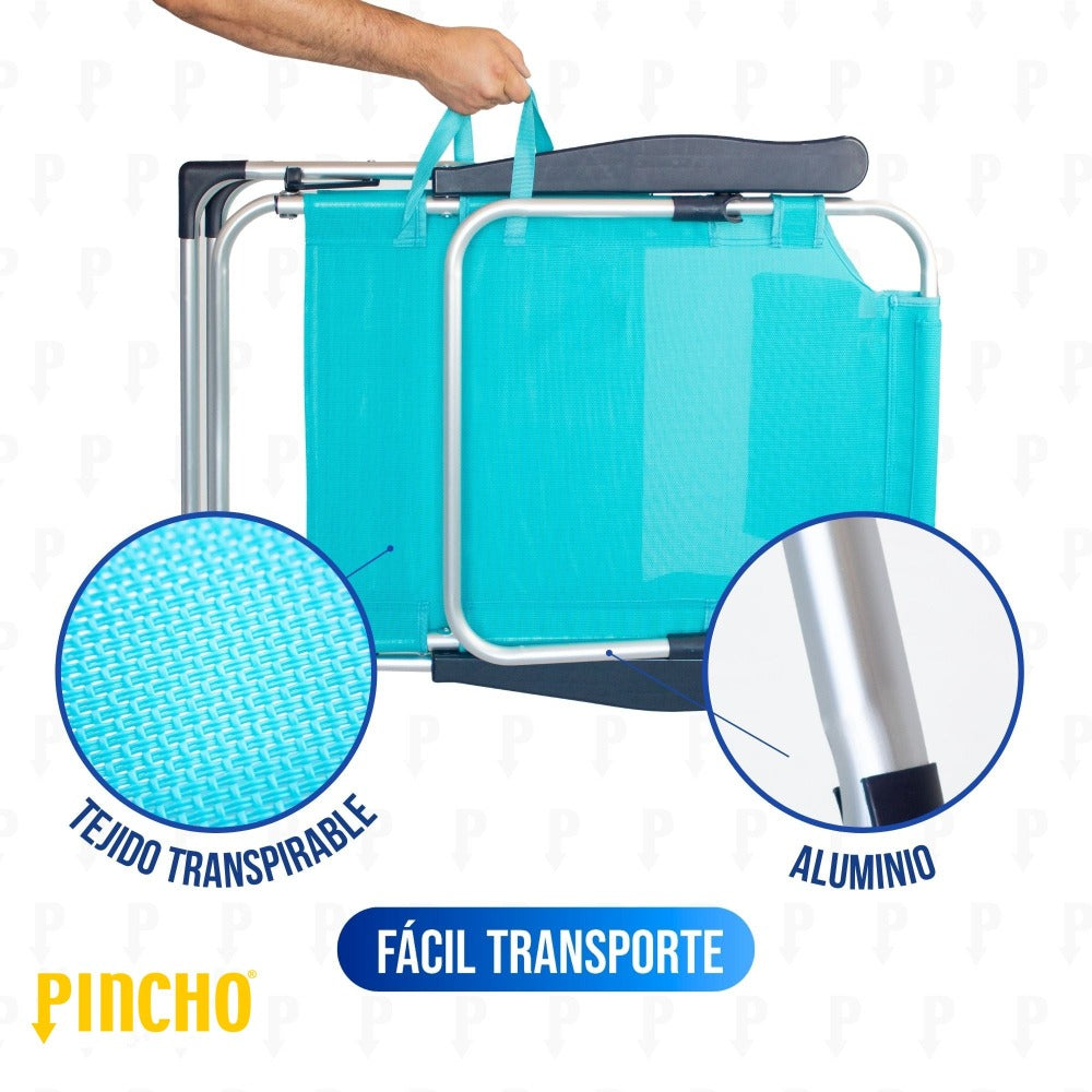 Silla Playa Plegable, Sillon Alto con Cojín, Reclinable, Altura del Asiento 29,5 cm, Asa de Transporte, Bolsillo para Movil y Bebida Textileno Resistente, Jardin, Camping, Hamaca