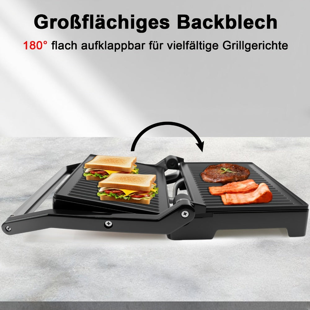 Tortera para Parrilla, Prensa para Paninis y Sándwiches, Placas de Doble Parrilla, Parrilla de Contacto Abierta a 180°, 1000 Watts, Superficie Antiadherente, Asas Resistentes al Calor
