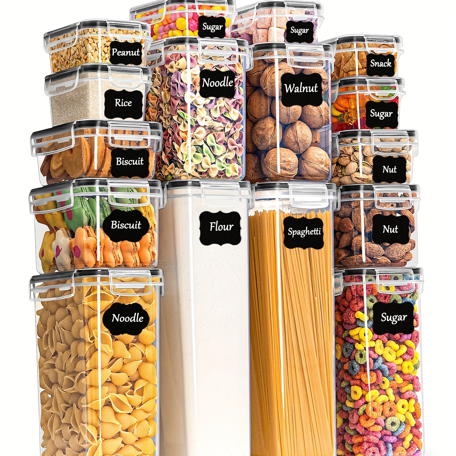 ¡Un imprescindible para la cocina familiar! Juego de 16 frascos de almacenamiento de cocina, tarro de plástico sellado para alimentos con tapa, complementos de cocina para guardar granos, pasta, harina, comida para mascotas, con etiquetas y marcadores, al
