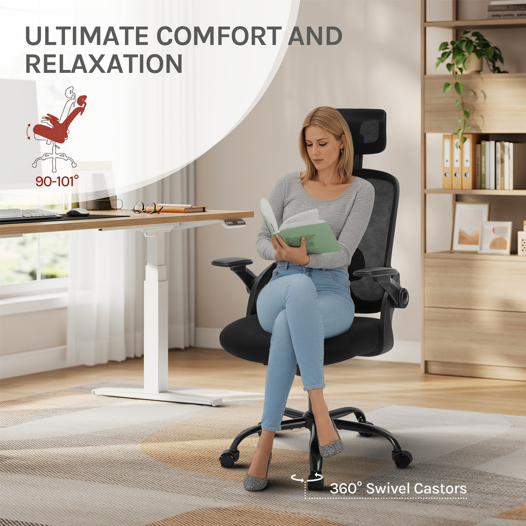 Silla de oficina ergonómica, silla de escritorio con reposacabezas ajustable, soporte lumbar, función de balanceo, reposabrazos plegables, silla para oficina en casa, silla de trabajo