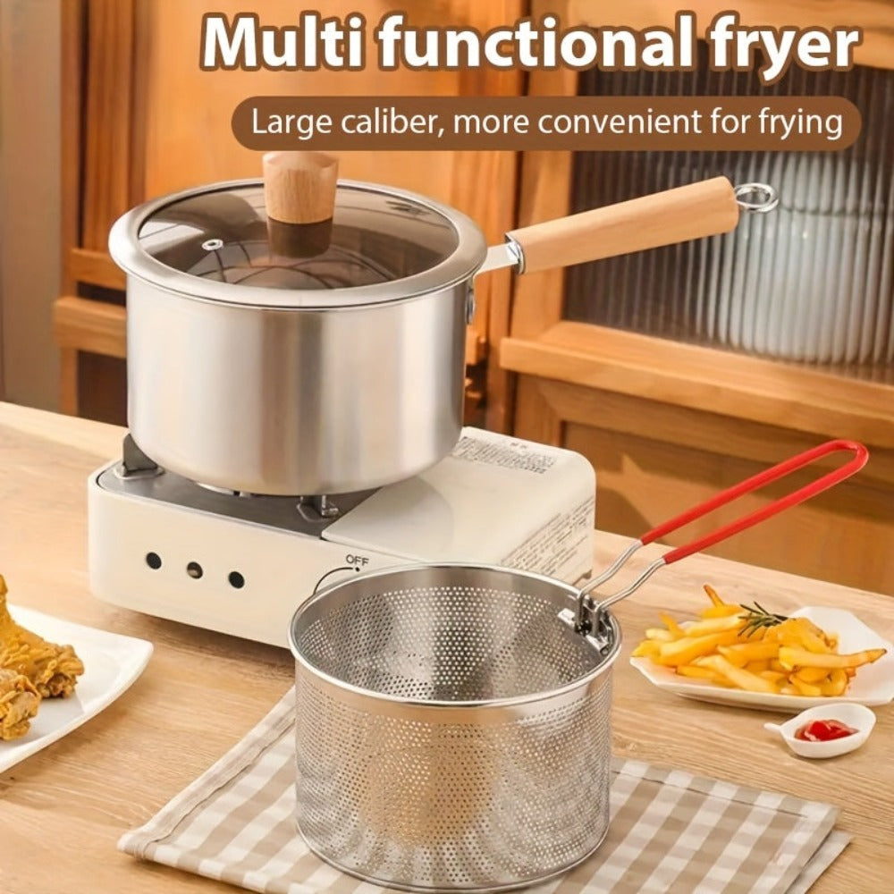 Juego de ollas de cocina multiusos con cesta para freír y tapa de cristal: cacerola antiadherente, freidora, olla para fideos, cacerola para leche, olla freidora de acero inoxidable, olla para cocinar pasta, apta para estufas de inducción y de gas, ideal