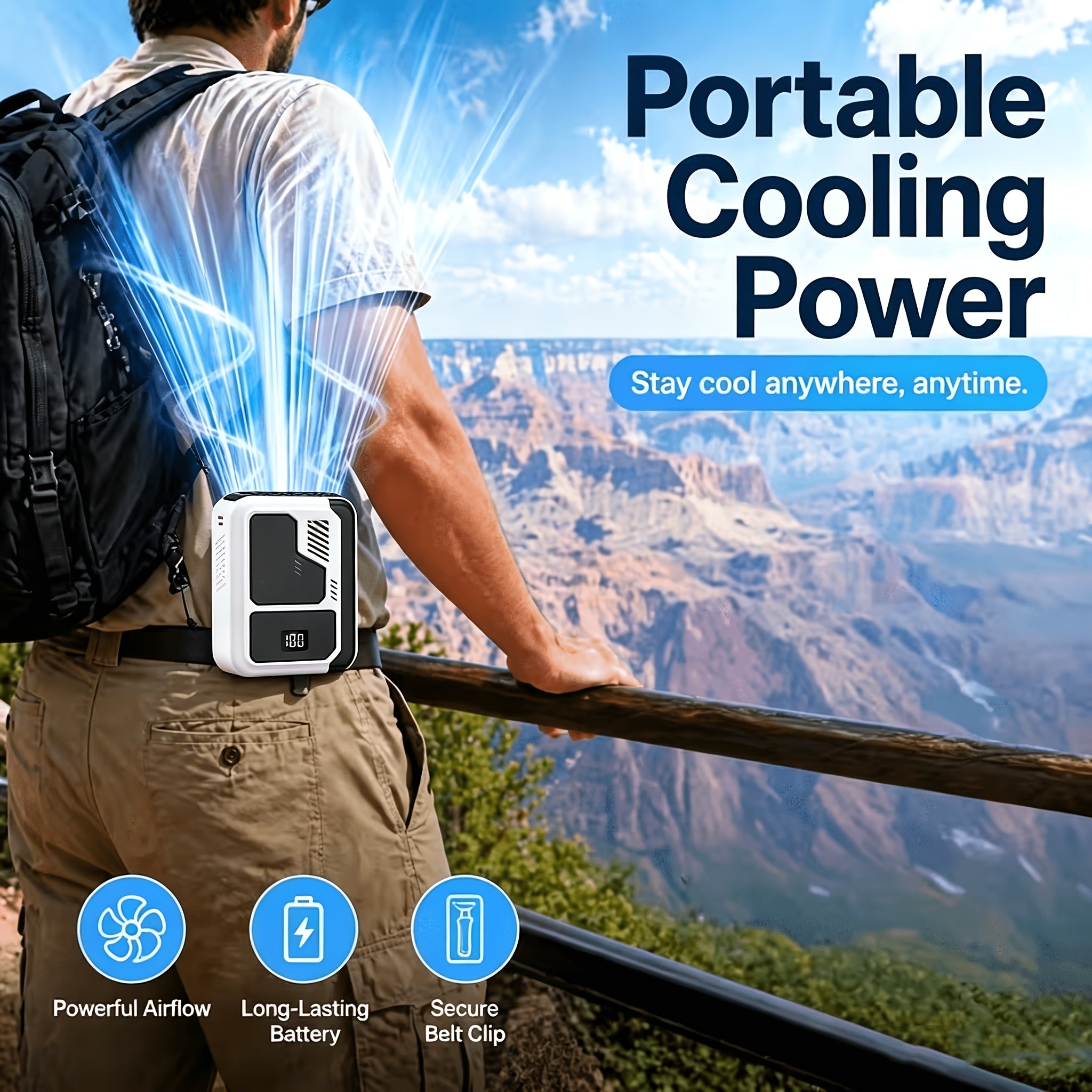Ventilador de cintura portátil 3 en 1 | Ventilador de cintura, ventilador de escritorio portátil, potente energía eólica, pantalla digital, 3 velocidades de viento, recargable por USB, ventilador silencioso de enfriamiento rápido, ventilador de cintura po