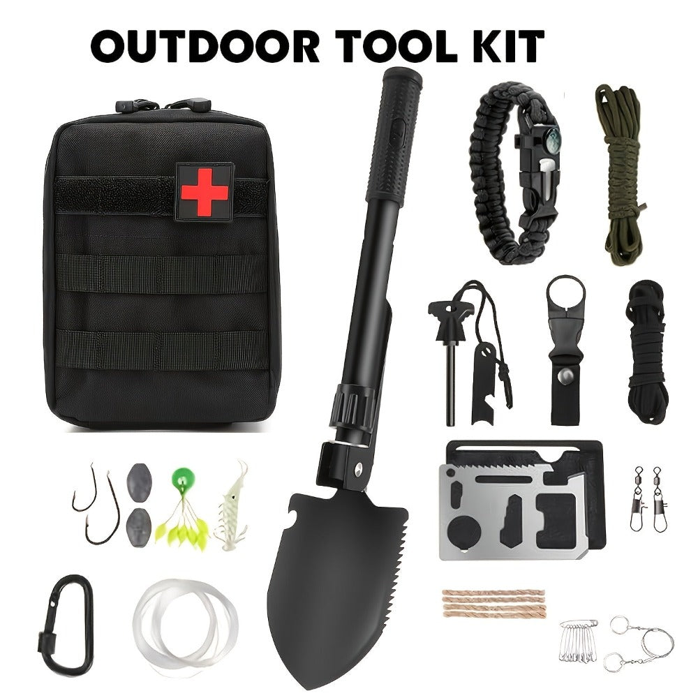 Kit de herramientas todo en uno y para exteriores, equipo de exterior resistente / hacha, pala, correa tipo pulsera de paracaídas y suministros para camping, senderismo, caza