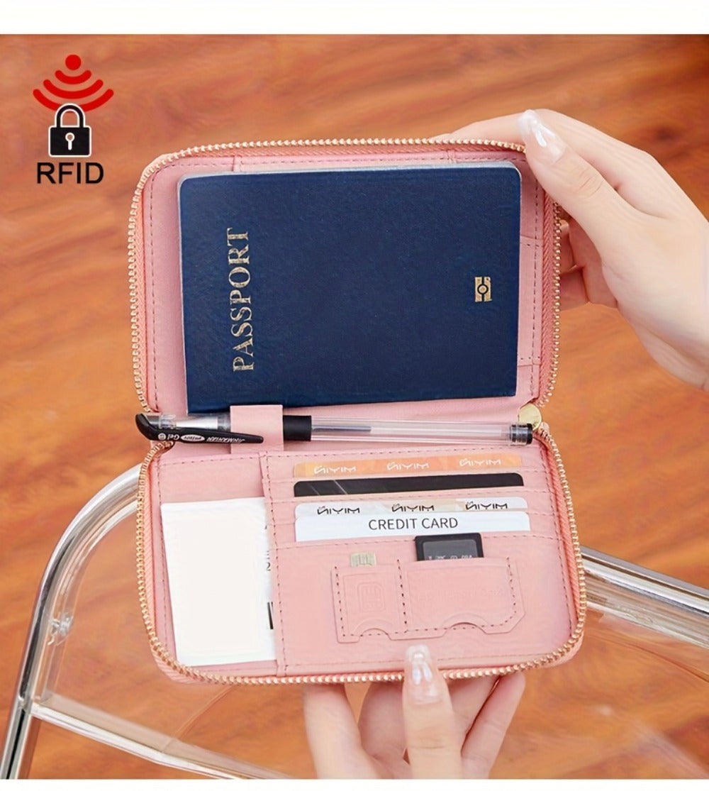Portapassaporte RFID con cremallera y correa de muñeca, bolsa de almacenamiento multifuncional portátil para viajes, pasaporte y documentos, tarjetero