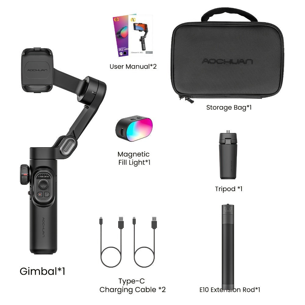 Estabilizador cardán AOCHUAN en forma de 7 de 3 ejes para smartphone, aplicación AOCHUAN, antivibración, enfoque/zoom de precisión, seguimiento de rostro/objeto, varilla plegable extensible de 73 cm, luz RGB, múltiples modos de fotografía, adecuado para v