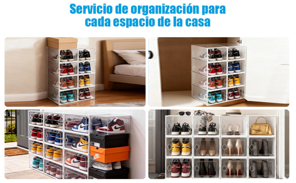 VORTEX Pack Organizador de Calzado Cajas de Zapatos Blancas y transparentes Apilables con Apertura Frontal，Sistema Antivuelco y Ventilación