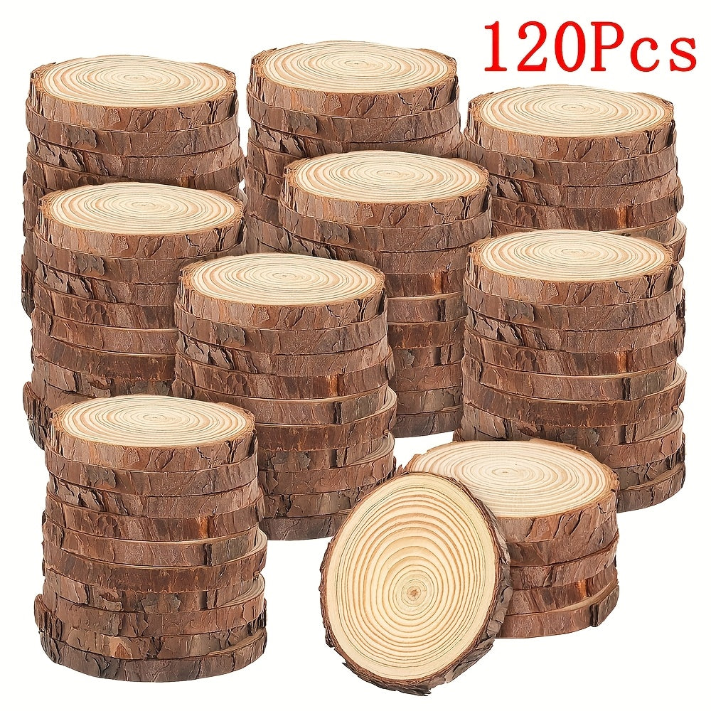 120 discos de madera con corteza, naturales y sin procesar, que miden 5-6 cm, ideales para proyectos artísticos, manualidades, decoraciones navideñas y decoración rústica para bodas