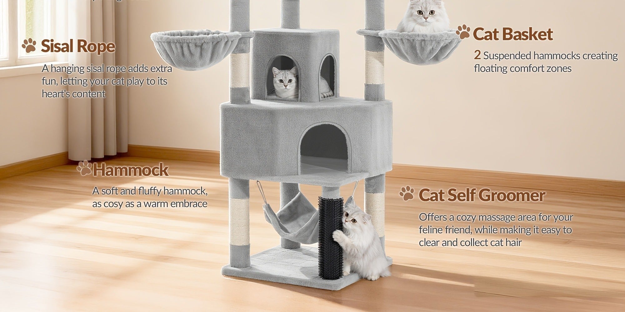 Árbol para gatos de 220 cm de varias capas con 3 casitas para gatos, 3 plataformas, 3 hamacas, 8 postes de sisal, 1 bola de pelo y 1 cuerda de sisal