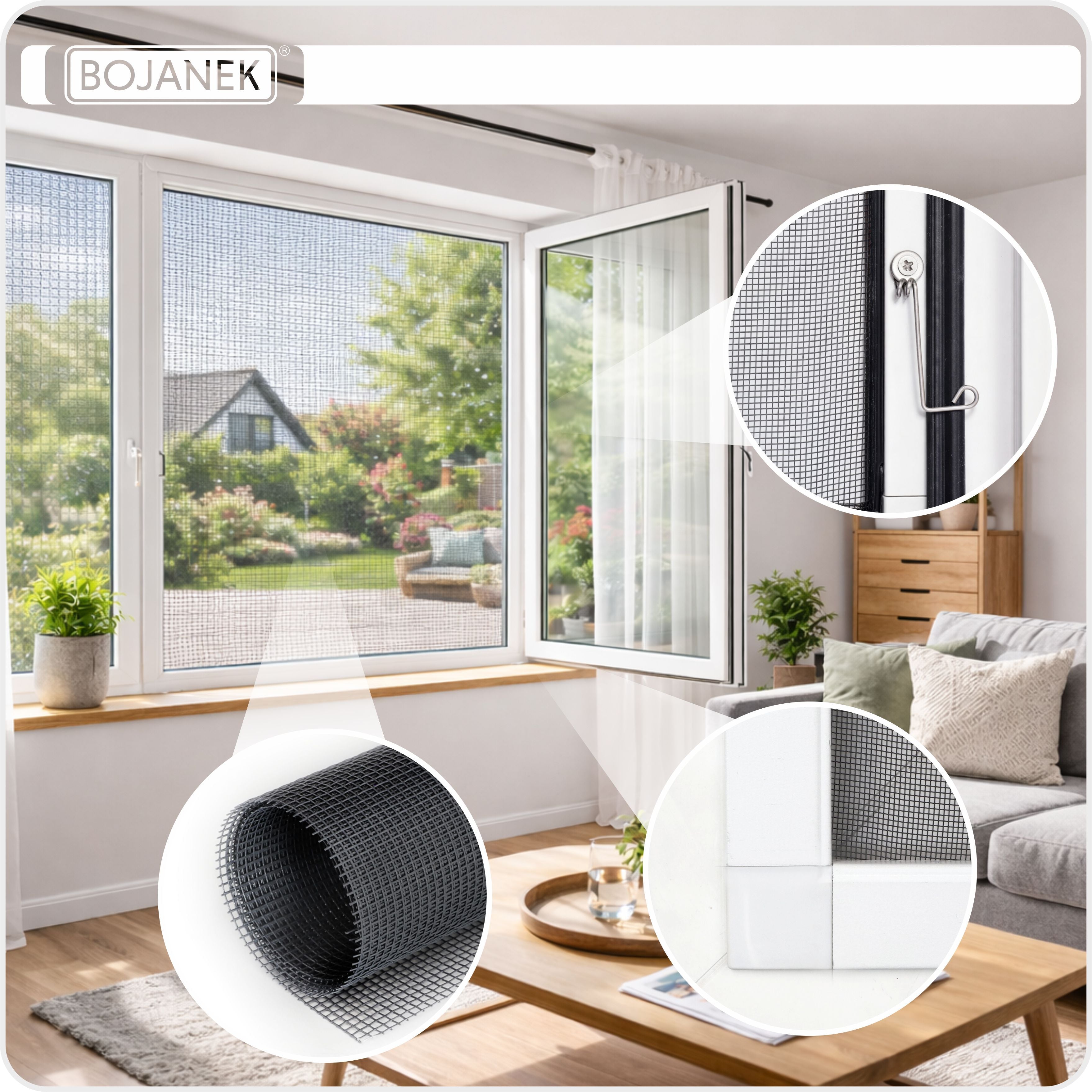 Mosquitera con marco blanco para ventana - BOJANEK - Marco de aluminio blanco - 30 tamaños - Mosquitera no invasiva para ventana - Malla de fibra de vidrio gris - Mosquitera contra mosquitos, moscas e insectos - Mosquitera para marco de ventana sin taladr