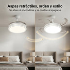 Ventilador de techo moderno con luz LED de 50W con regulación continua, aspas retráctiles y mando a distancia – Motor DC de cobre puro silencioso, bajo consumo y larga duración, brillo y temperatura ajustables, 6 velocidades, memoria y temporizador. Ideal