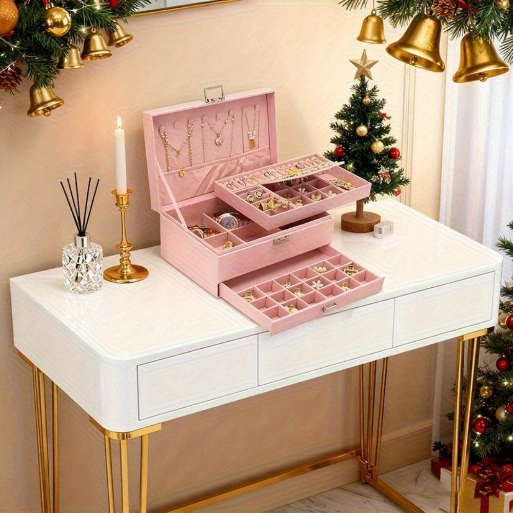 Caja Organizadora de Joyas de 3 Niveles con Cerradura de Llave - Compartimentos Forrados en Terciopelo Suave, Ideal para Aretes, Collares, Pulseras, Anillos - Caja de PU en Tono Pastel, Diseño Retro, Regalo Perfecto para (Navidad, Bodas), Cajas de Joyería